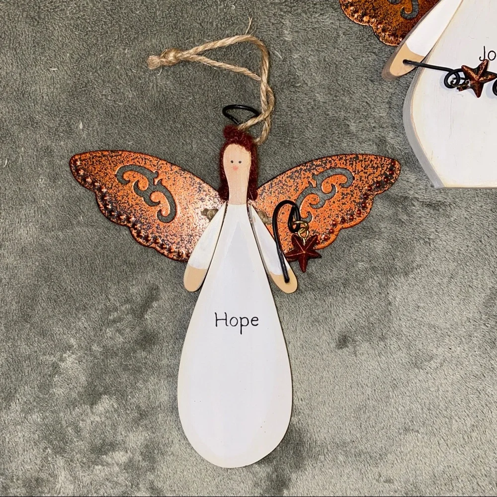 Angel Ornaments Russ Berrie Wood Metal Hope Joy Dreams Set of 3 Christmas Tree